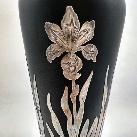 Vintage Black Satin Glass Vase with Sterling Silver Iris Overlay Art Deco Style - Picture 3 of 13